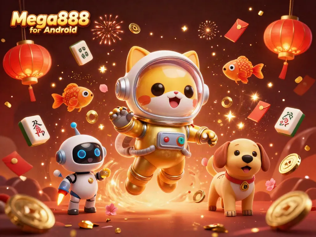 Experience Mega888 for Android with a vibrant 3D casino-themed illustration filled with festive elements