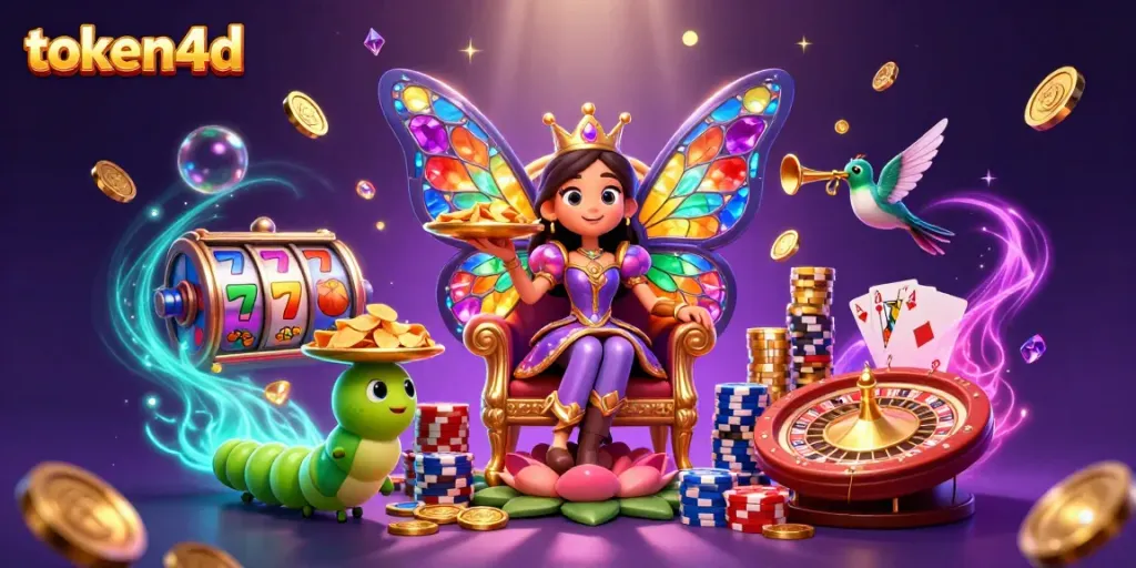 Mainkan token4d di kasino online dengan ilustrasi warna-warni yang menggambarkan ratu kupu-kupu dan elemen permainan.