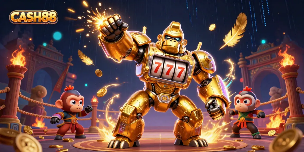 CASH88 transforms gaming with vibrant visuals of a mechanized gorilla equipped with slot machine parts, showcasing explosive wins.