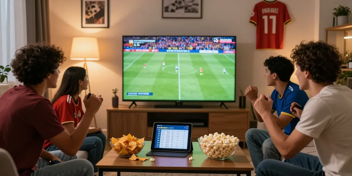 Excited friends watching football match at home using موقع IHD Sports app for live streaming and scores.
