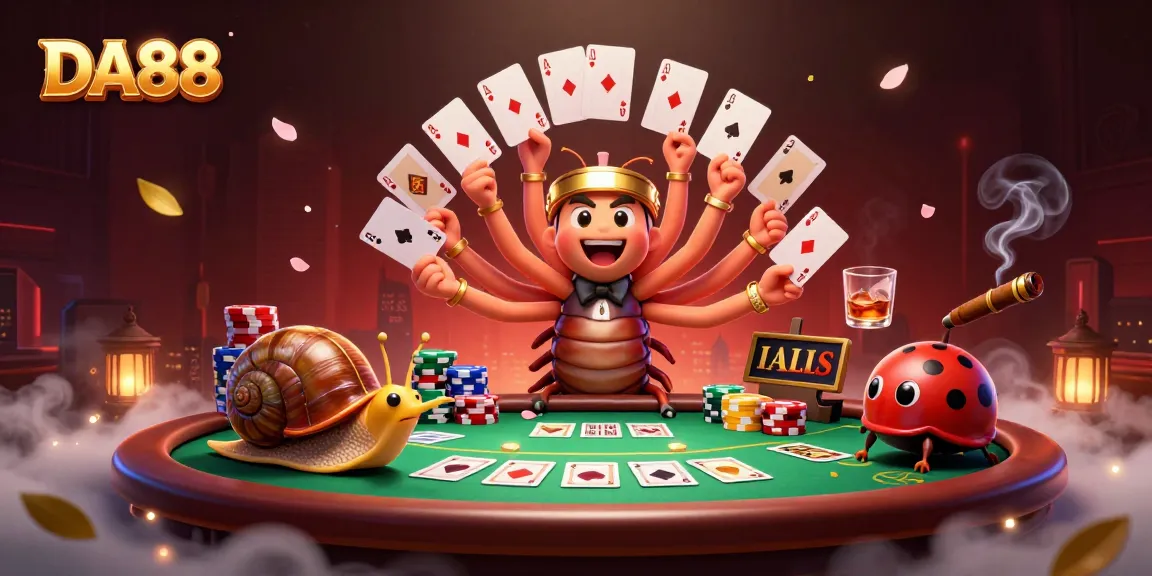 Experience the thrilling action of DA88 with a lively illustration showcasing a millipede dealer and high-roller during a poker game.