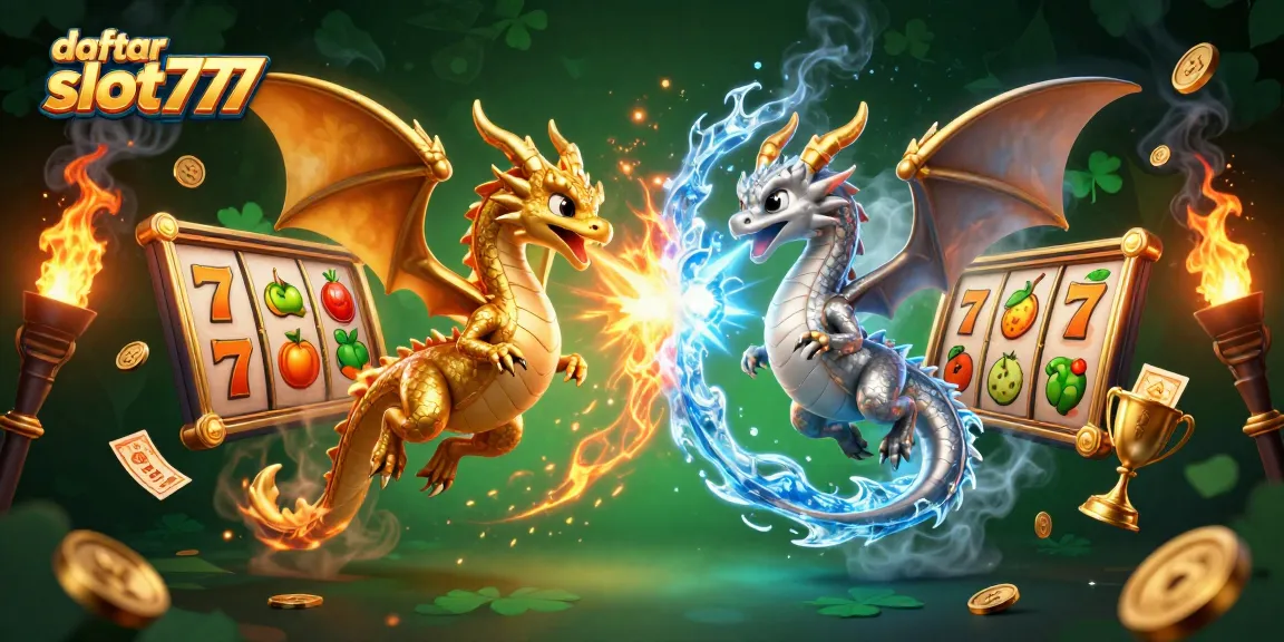 Engage with daftar slot777 in a dynamic scene featuring vibrant dragons and slot elements.