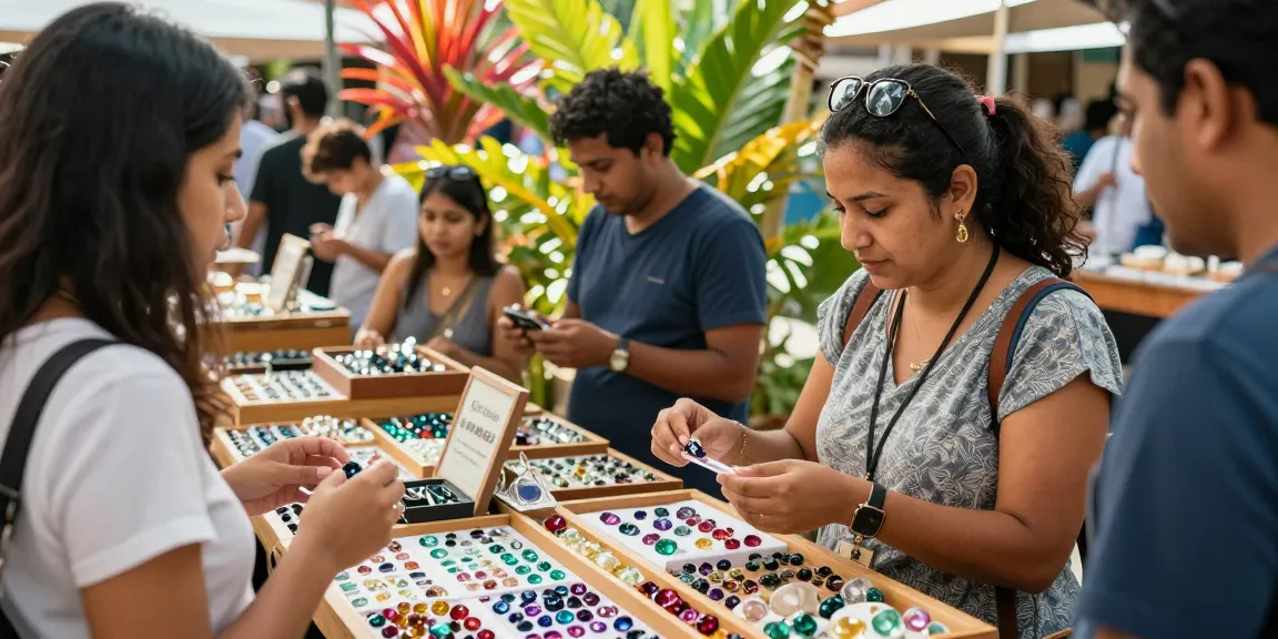 Gemstone marketplace showcasing quality gems at https://www.mygemspot.com with vibrant displays and eager shoppers.