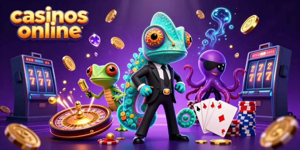Disfruta de la experiencia en casinos online con una escena vibrante de un camaleón y amigos rodeados de oro y juegos.