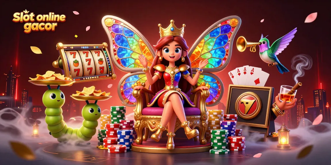 Permainan slot online gacor dengan simbol beruntung dan ratu kupu-kupu 3D dalam ilustrasi menarik.