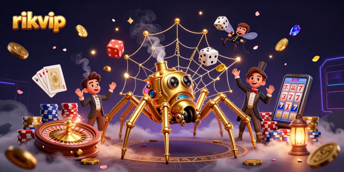 Engage with rikvip's exciting world of gaming: a steampunk spider crafting its winning web.
