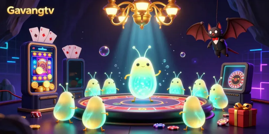 Experience Gavangtv's vibrant casino scene animated by glowing worms, featuring a bat dealer and dynamic games.
