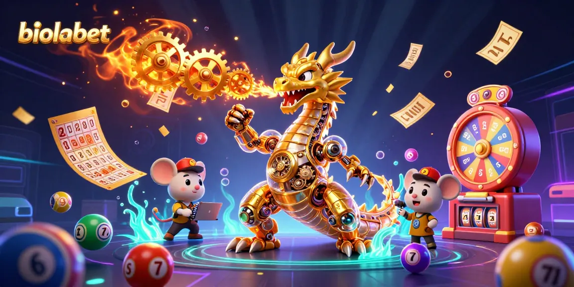 Permainan dengan biolabet di slot gacor, mengumpulkan bola lotere dan kartu bingo, penuh warna dan dinamis.