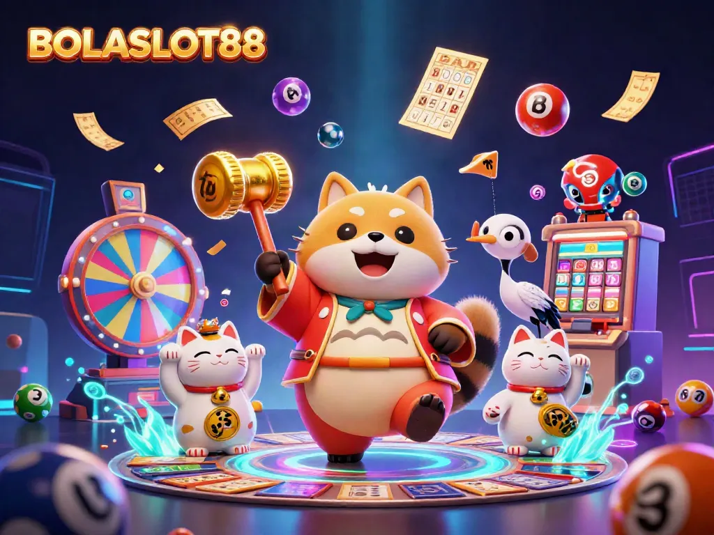 BOLASLOT88 showcases a vibrant casino scene with cheerful tanuki and colorful lottery elements.