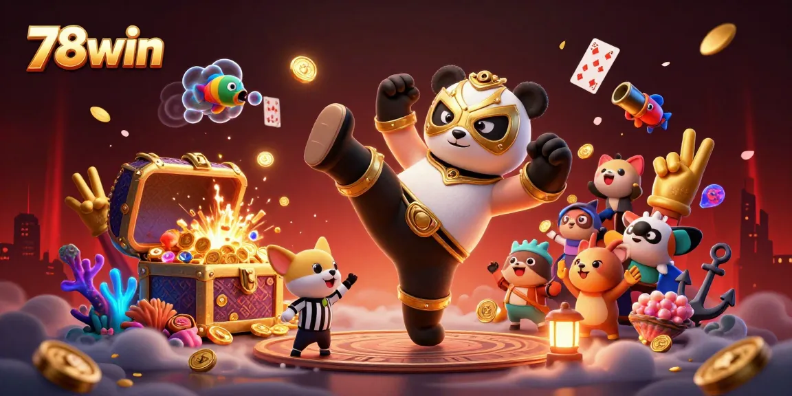 Engaging 3D illustration of a wrestling panda showcasing the excitement of 78win with vibrant casino elements.