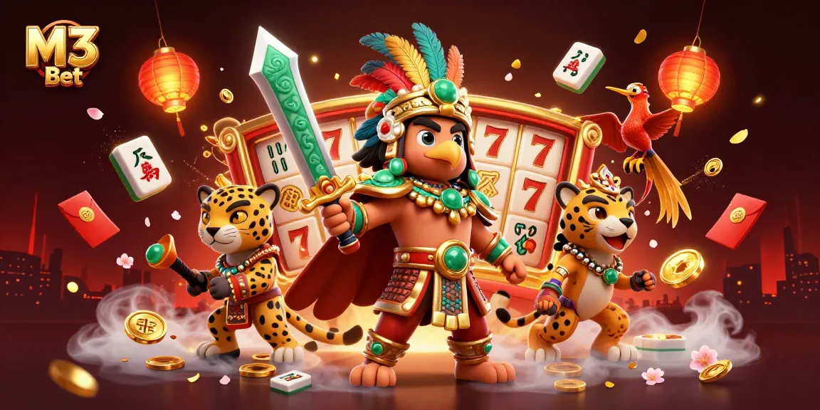 M3 Bet presents a vibrant 3D casino scene featuring an Aztec warrior and dynamic game elements for players.