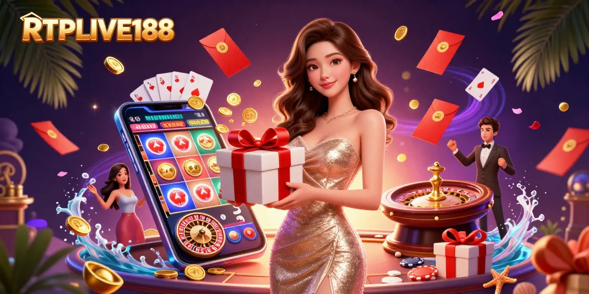 Rasakan sensasi perjudian dengan RTPLIVE188, menampilkan visual permainan slot yang cerah dan elemen meriah.