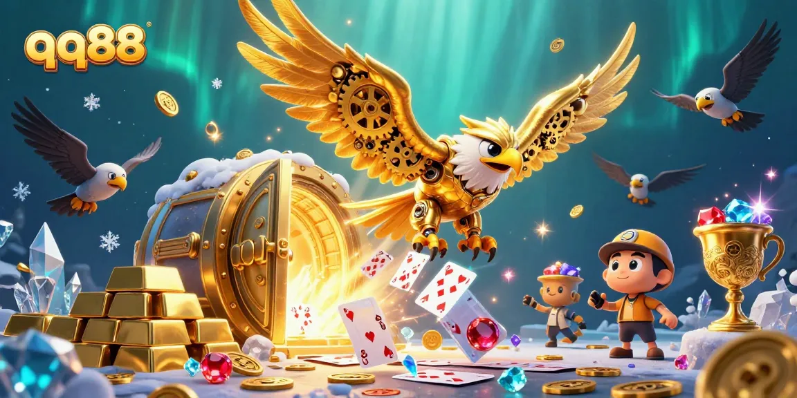 Engage in thrilling gameplay at qq88, featuring a dynamic scene with a golden eagle and holographic cards.