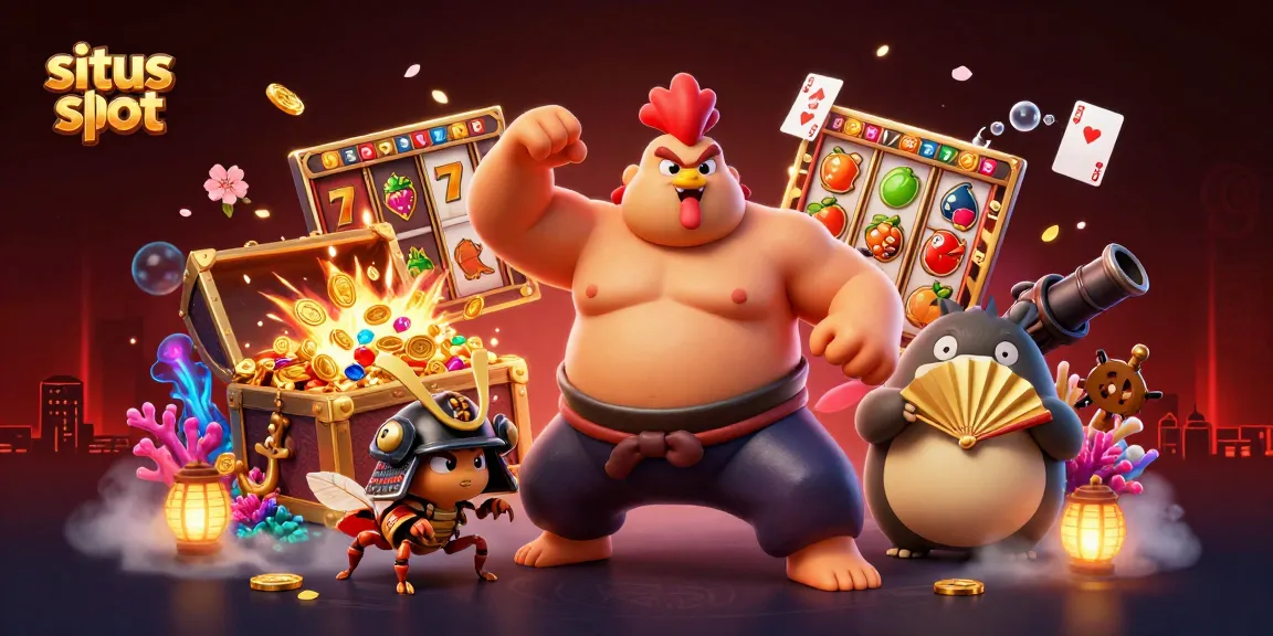 Engaging scene showcasing situs slot with dynamic characters and vibrant casino elements, promoting excitement in online gaming.