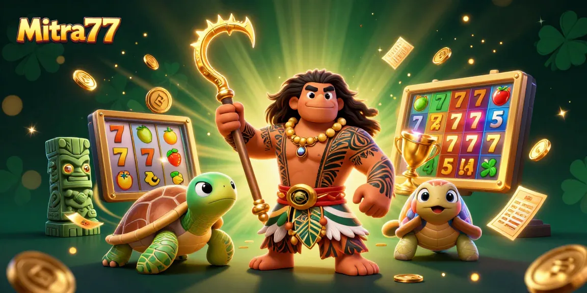 Mitra77 hadir dengan permainan slot gacor yang bikin menang, ditampilkan di ilustrasi 3D penuh warna.