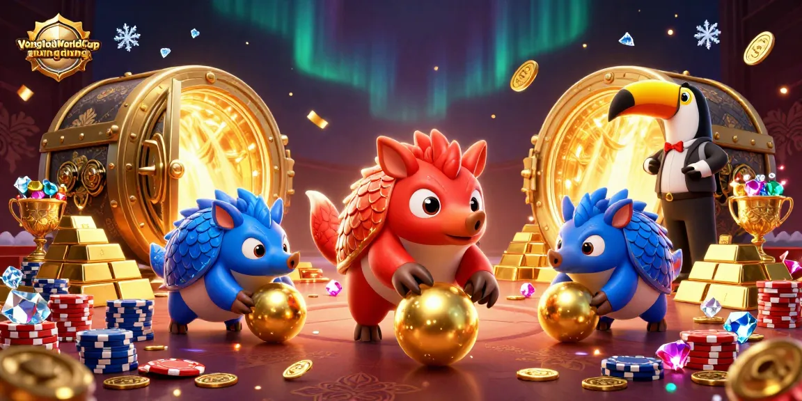 Engaging VòngloạiWorldCupứngdụng action scene featuring rival pangolins amidst poker chips and gold treasures.
