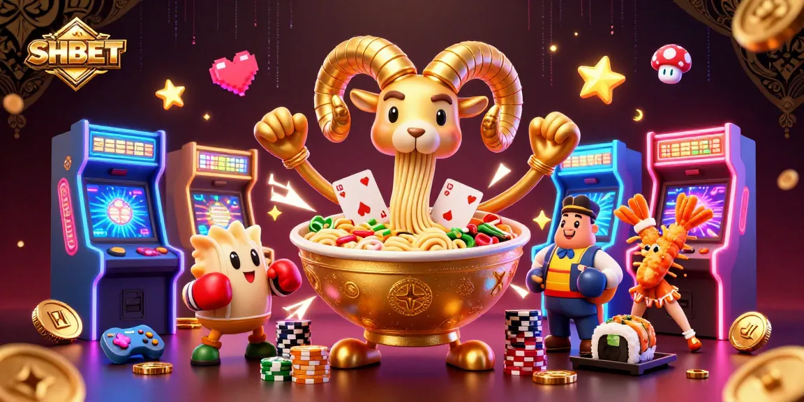 Win big at SHBET with a vibrant casino-themed illustration featuring colorful gaming elements and characters.