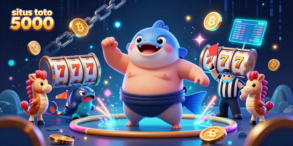 Engage with situs toto 5000 in this colorful underwater gambling scene featuring a fugu and slot machines.