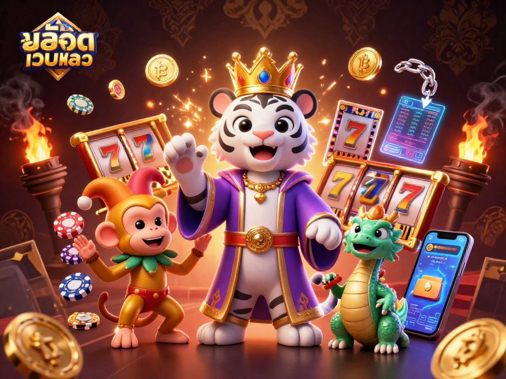 Spin and win at สล็อตเว็บตรง with a vibrant 3D casino illustration featuring engaging characters and game elements.