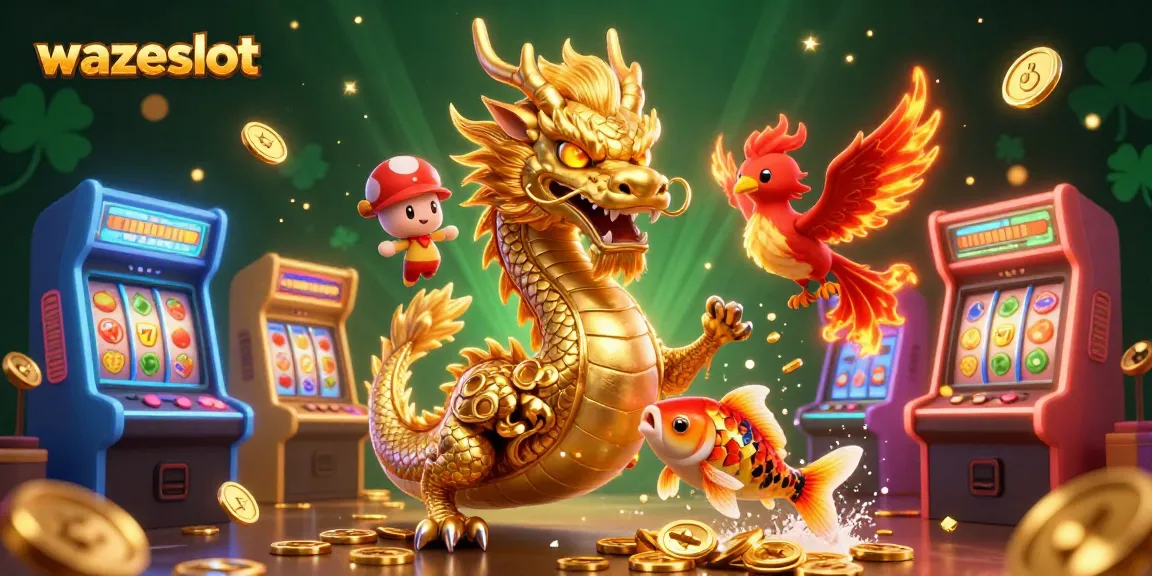 Spin and win with wazeslot's vibrant 3D gaming scene featuring a golden dragon and lucky koi fish.