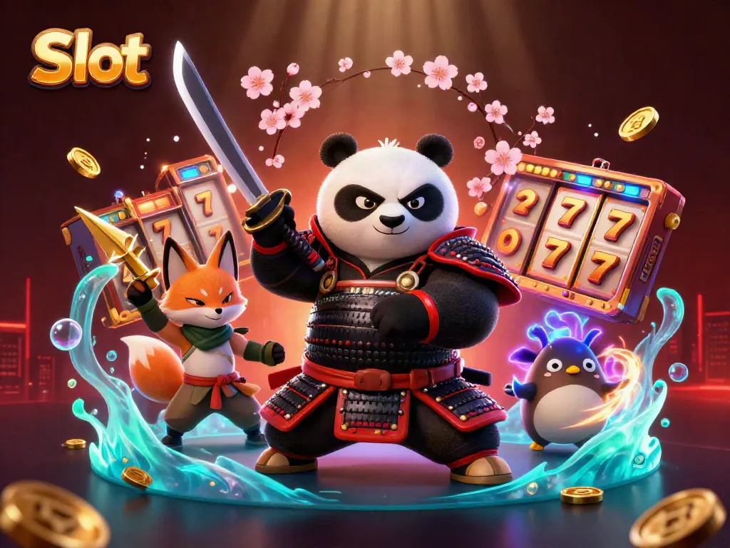 Permainan Slot dengan karakter samurai panda dan ninja fox, menampilkan slot dan jackpot yang berkilauan.
