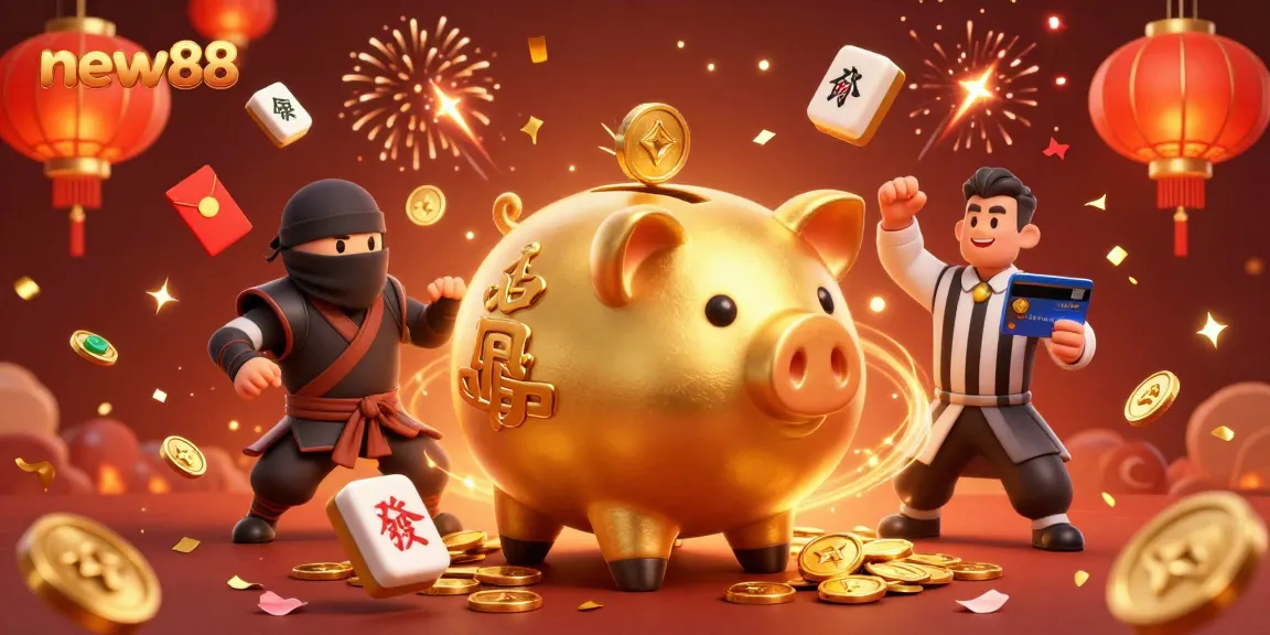 Experience the thrill of new88 with a golden piggy bank sumo wrestler, wallet-ninja, and credit-card samurai in a dynamic gambling scene.