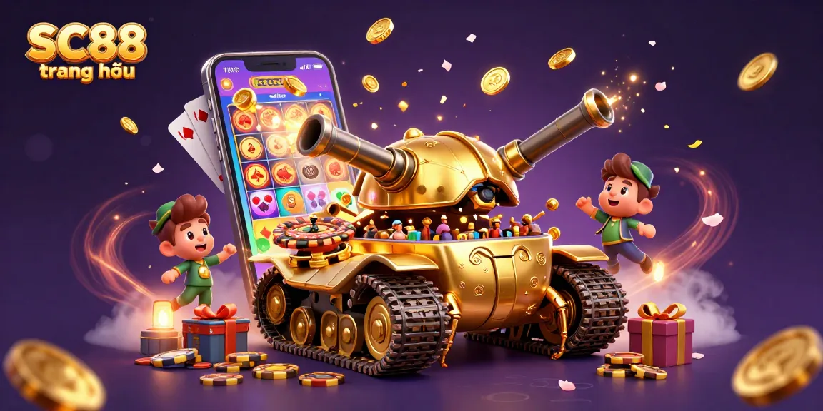 Experience the excitement at SC88 trang chủ with a vibrant casino-themed 3D illustration showcasing dynamic games and winning elements.