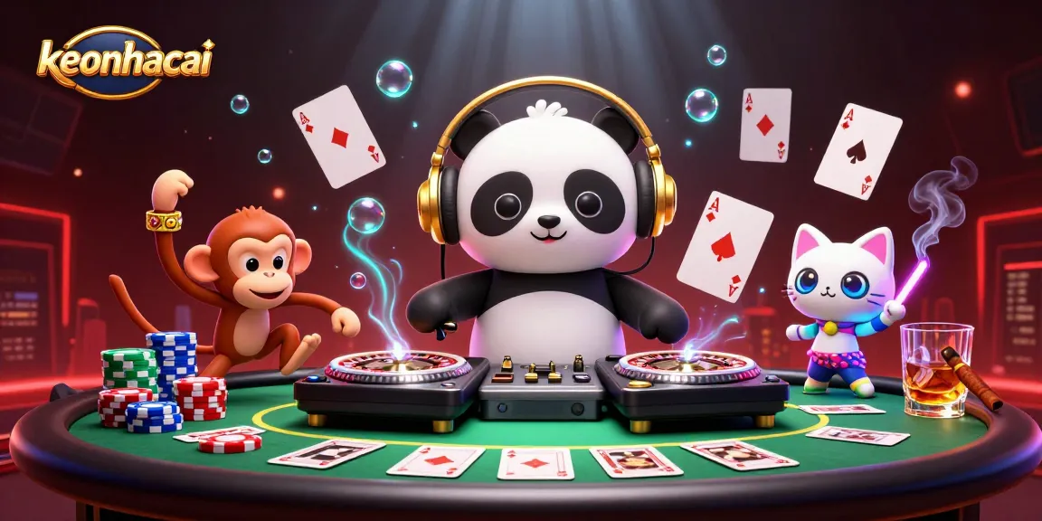 DJ panda spins at a vibrant casino party scene promoting keonhacai gaming.