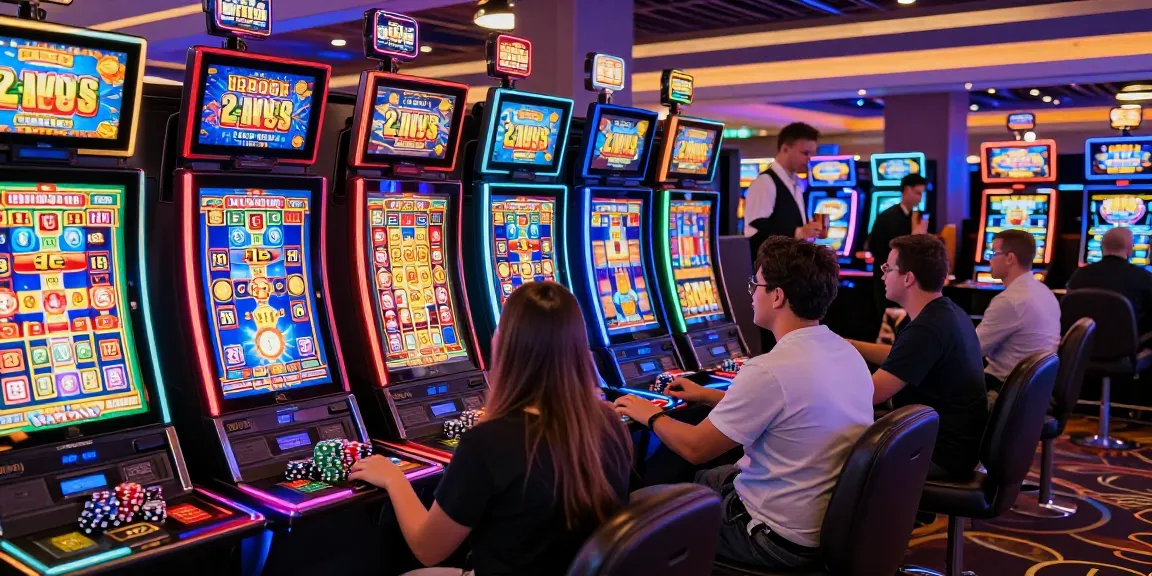 Slot gacor yang menarik di kasino dengan banyak pemain bersemangat dan mesin slot bercahaya.