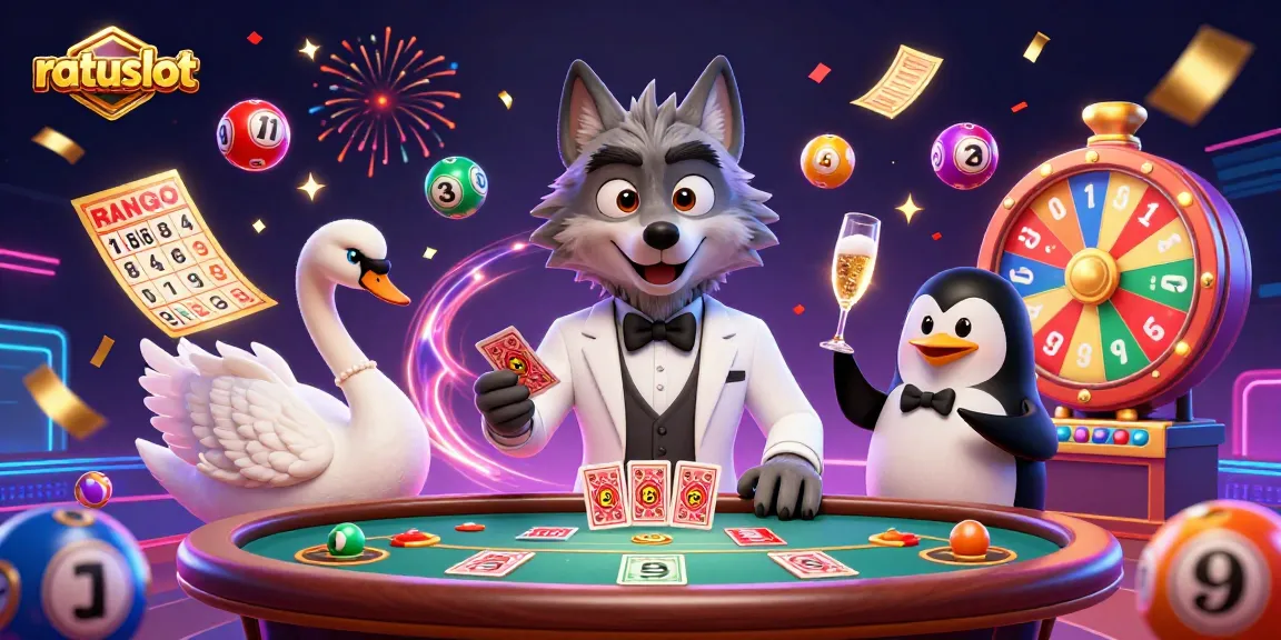 Experience the thrill of ratuslot as a debonair wolf plays cards alongside elegant companions in a vibrant casino scene.