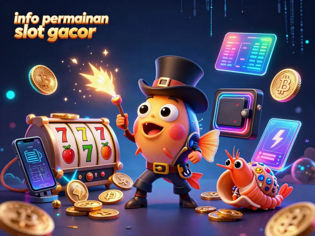 Menangkan jackpot dengan info permainan slot gacor yang menunjukkan karakter ikan pemancing ceria dan simbol slot yang menyenangkan.