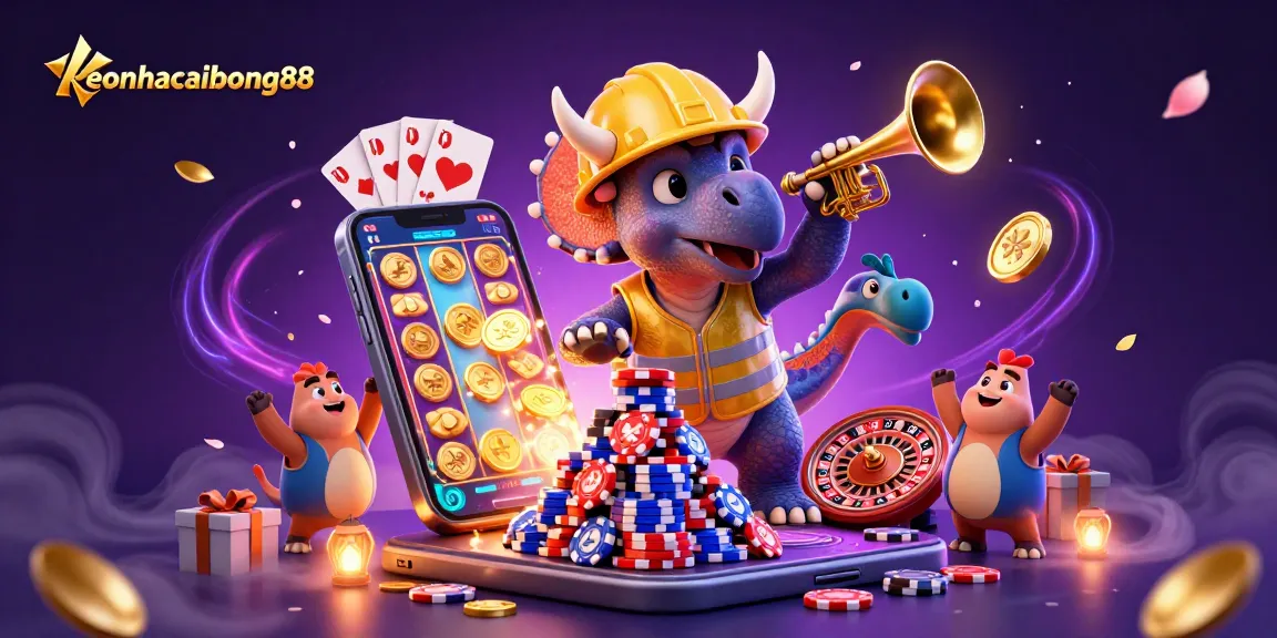 Experience excitement with keonhacaibong88 as our cheerful triceratops stacks poker chips amidst vibrant casino visuals.