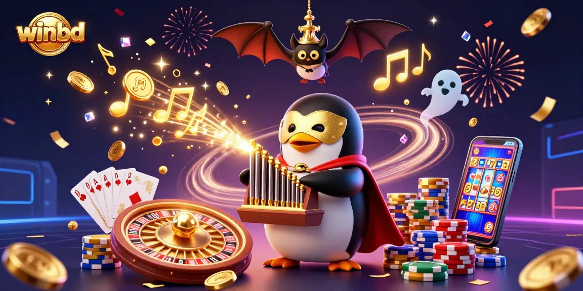 Experience winbd as a dynamic casino illustration featuring a 3D cartoon penguin and vibrant casino elements.
