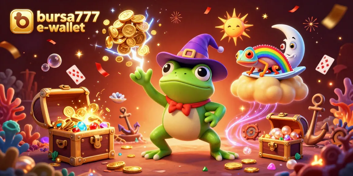 Bursa777 e-wallet showcases a vibrant 3D scene with a wizard frog and chameleon amidst golden coins, enhancing online gambling excitement.
