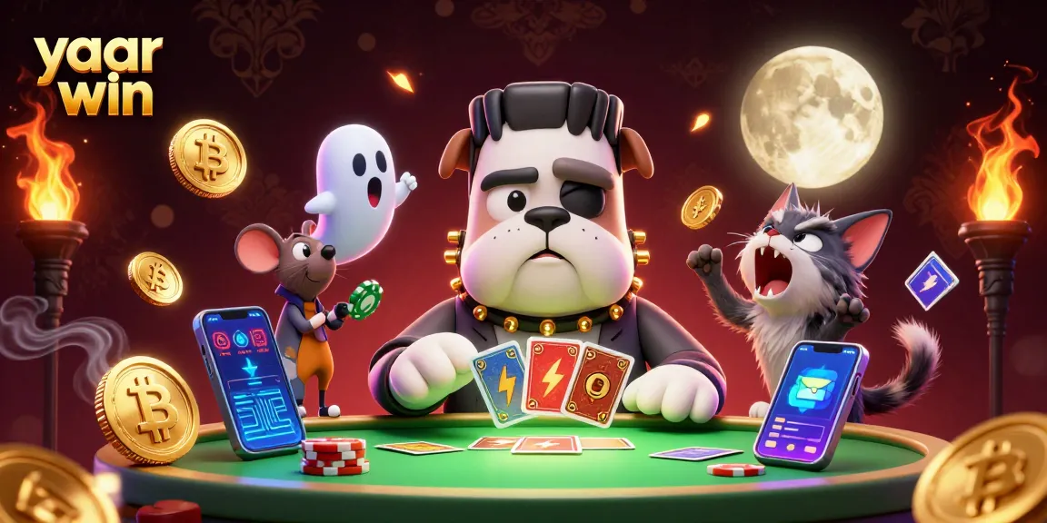 Engage with yaar win while experiencing a thrilling card game scene in a vibrant 3D casino.
