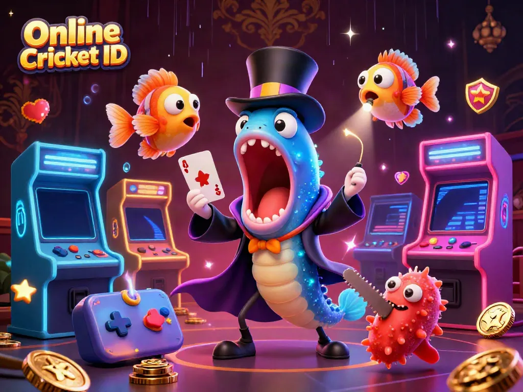 Online Cricket ID magic act with 3D characters, showcasing unique card tricks in vibrant casino style.