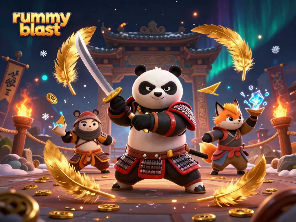 Engage with rummy blast in a dynamic 3D scene featuring skilled characters amidst a vibrant online casino atmosphere.