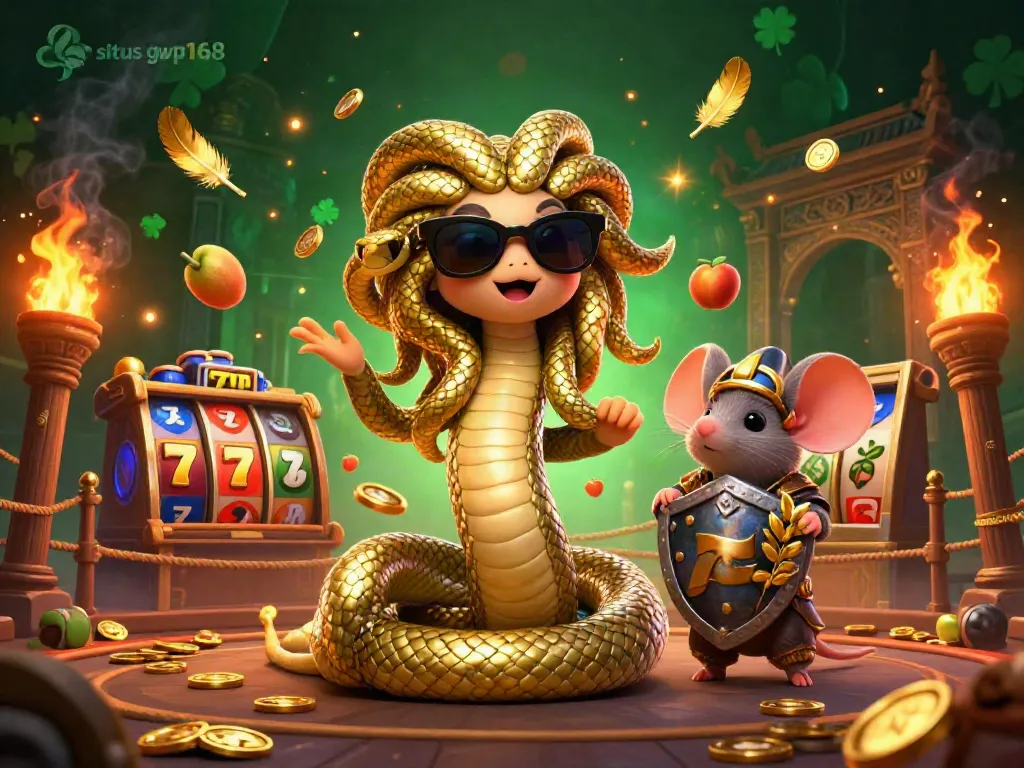 Situs gwp168 mempersembahkan ilustrasi kasino 3D menarik dengan Medusa dan karakter unik lainnya.