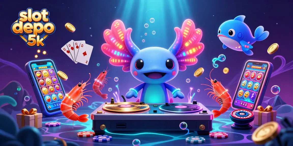 Experience the thrill of slot depo 5k as colorful characters celebrate winning spins amidst vibrant casino elements.