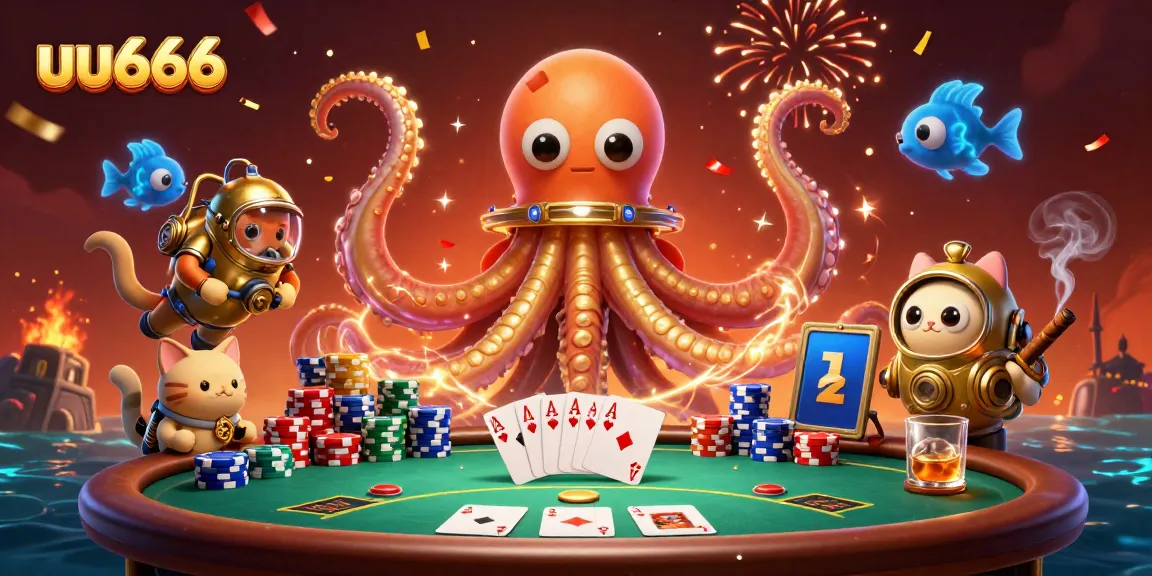 Experience the excitement of uu666 with a kraken and diving cat in a vibrant casino scene.