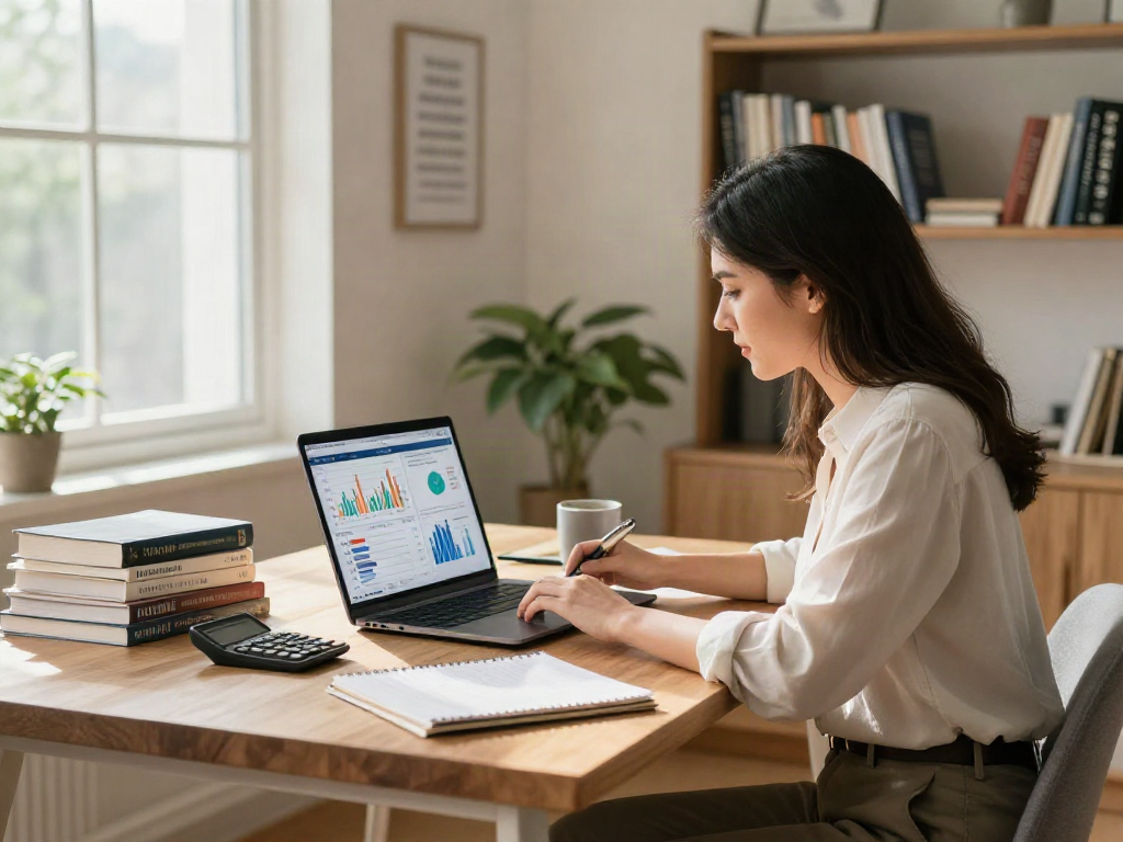 Woman planning finances at home office with a focus on deposit 10k strategy.