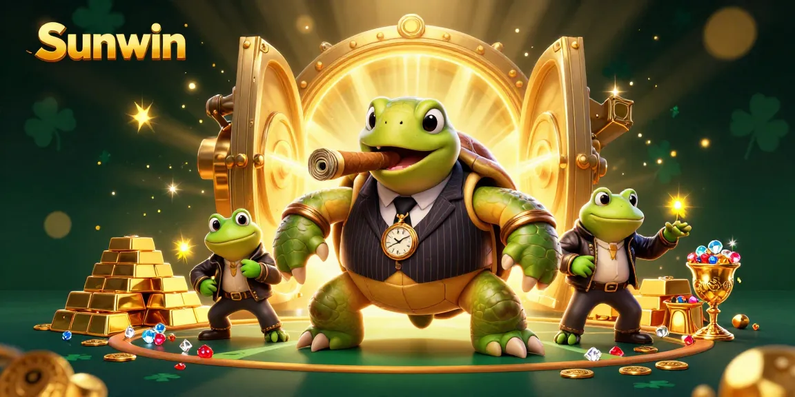 Sunwin offers exciting casino gaming with a 3D turtle mobster surrounded by treasure and vibrant lights.