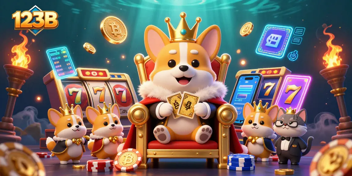 Experience thrilling casino fun with 123B as corgis celebrate atop a poker chip throne.