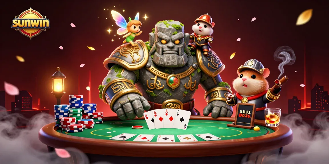 Engage in thrilling poker action at sunwin with a magical scene featuring a golem, fairy, and hamster knight.