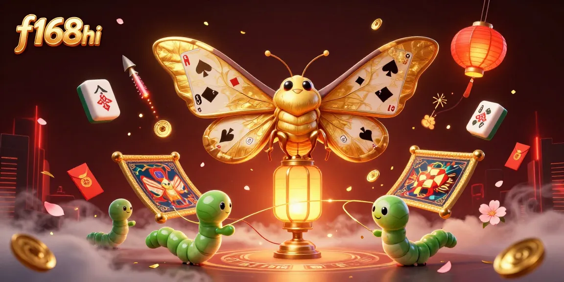 Engage with the vibrant f168hi Casino world featuring golden moth and festive elements.