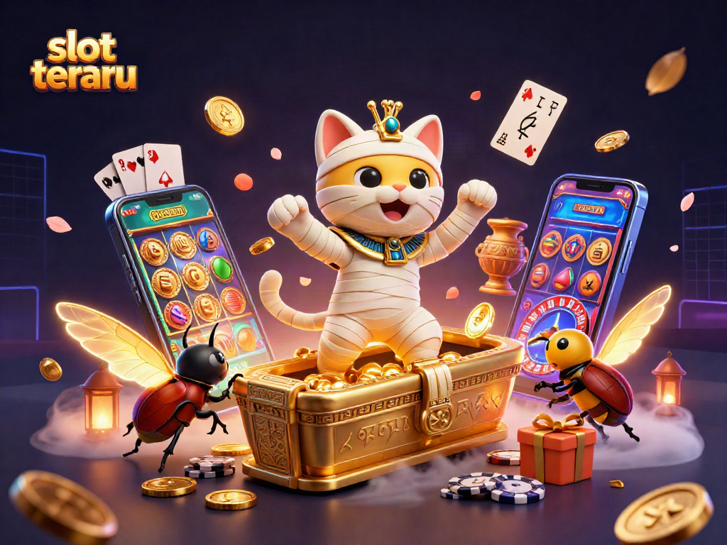 Experience slot terbaru with a lively 3D cartoon scene featuring a mummy cat and dynamic casino elements.
