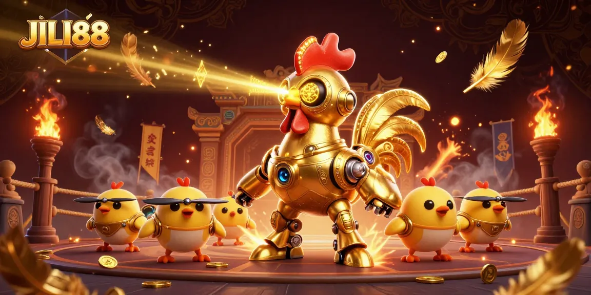 Engage with JILI88 in a vibrant casino arena, featuring a golden rooster robot and baby chick drones.