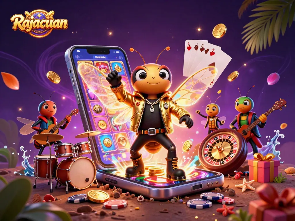 Spin to win with Rajacuan's vibrant 3D casino scene featuring exciting gaming elements.