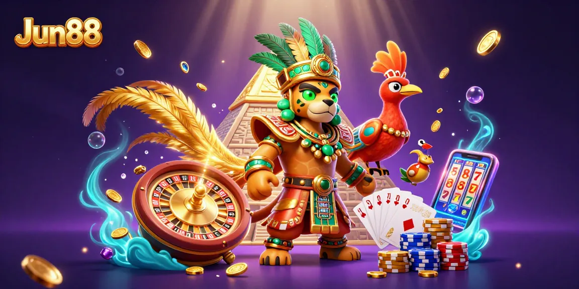 Experience thrilling wins with Jun88's captivating 3D casino illustration, featuring vibrant game elements.