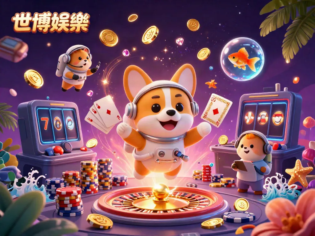 在世博娛樂的太空站賭場，宇航員柯基與指揮室的倉鼠互動，環境中漂浮著金幣和籌碼。